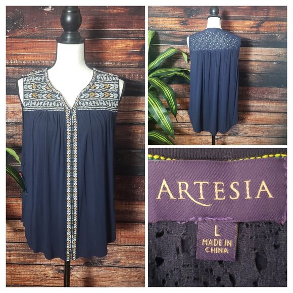 Artesia Blouse Large Flowy Rayon Stretch Embroidered Boho Hippie Top Navy - Picture 1 of 9